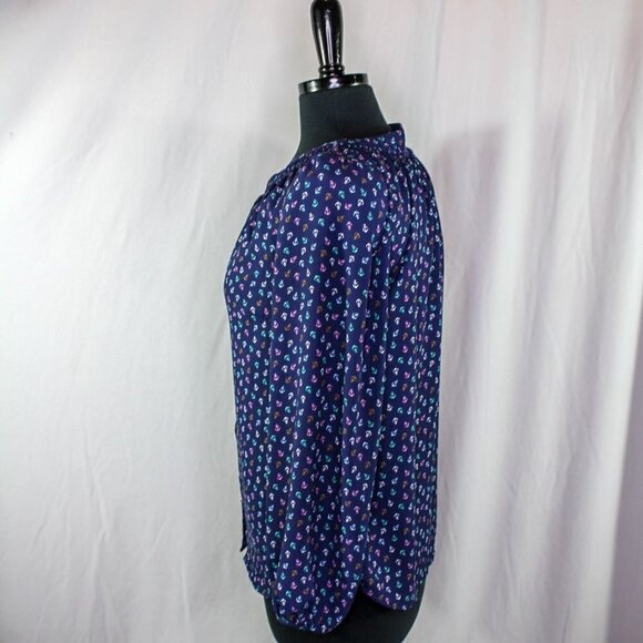 Talbots Blouse Anchor Print Blue Pastel Colors Button Down Size SP - Picture 2 of 5